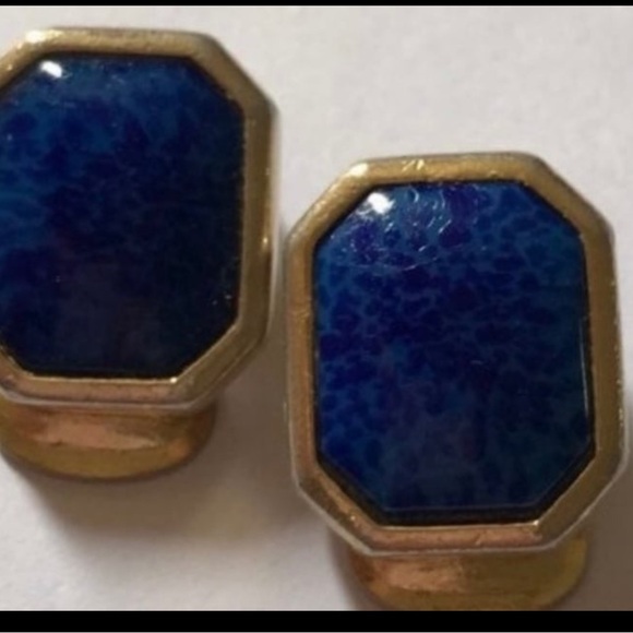 Vintage Christian dior gold faux lapis rectangle button studs clip on Earrings - Picture 3 of 8